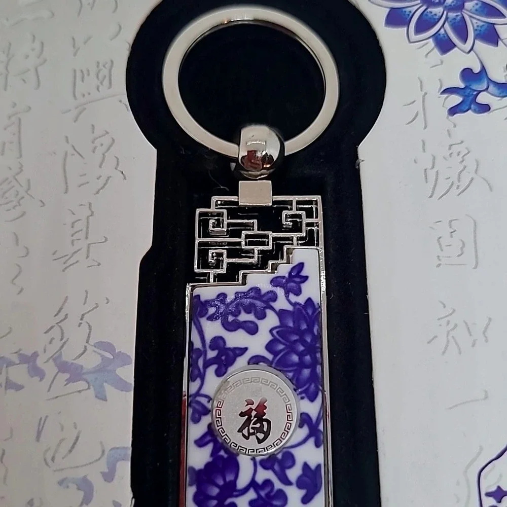 Blue White Porcelain Keychain Silver Tone Floral Chinese Character Box